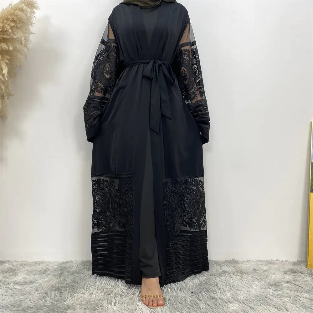 Embroidered Mesh Open Abaya