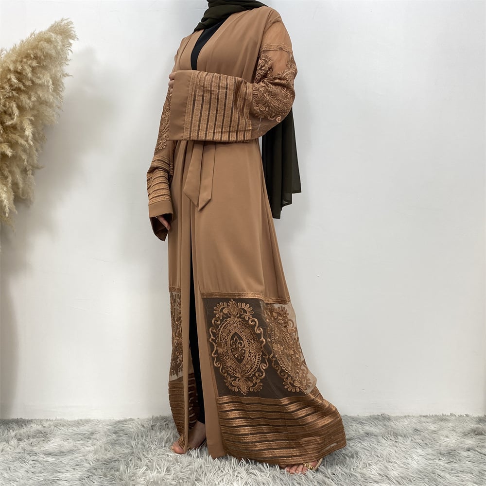 Embroidered Mesh Open Abaya