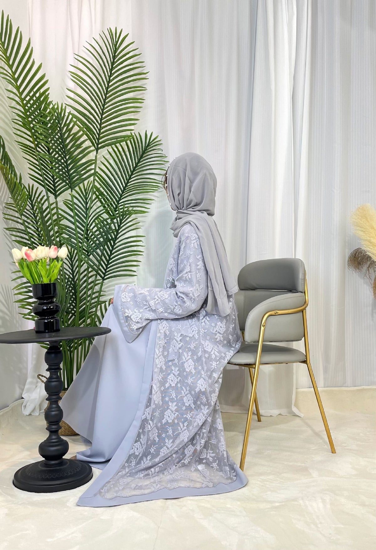 Lace-Trim Kaftan with Flared Sleeves
