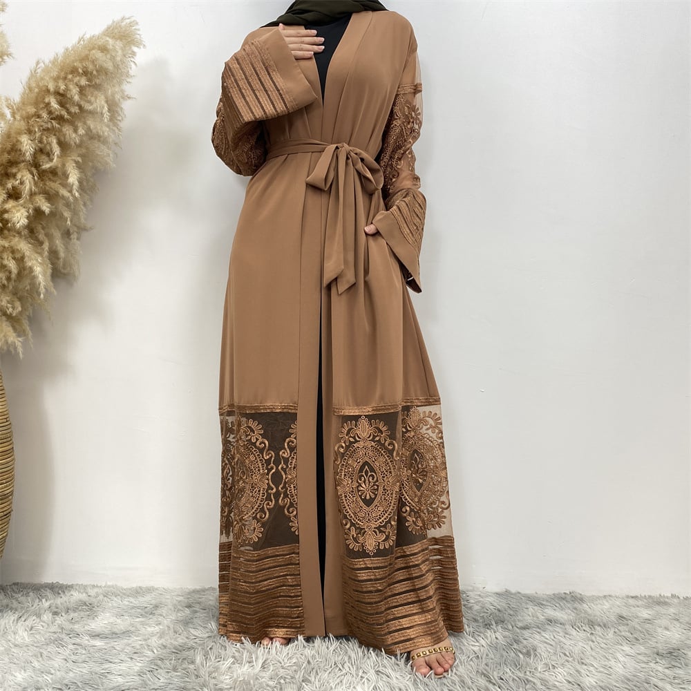 Embroidered Mesh Open Abaya