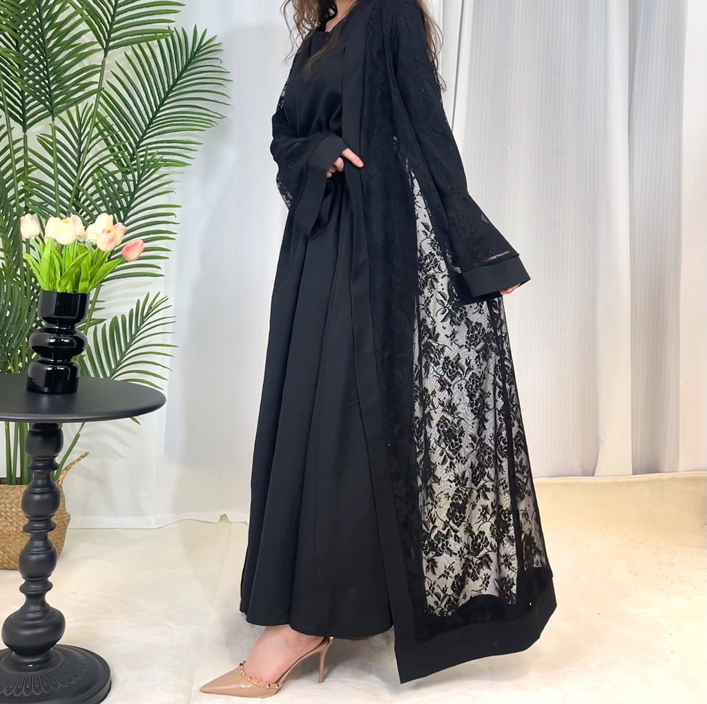 Lace-Trim Kaftan with Flared Sleeves