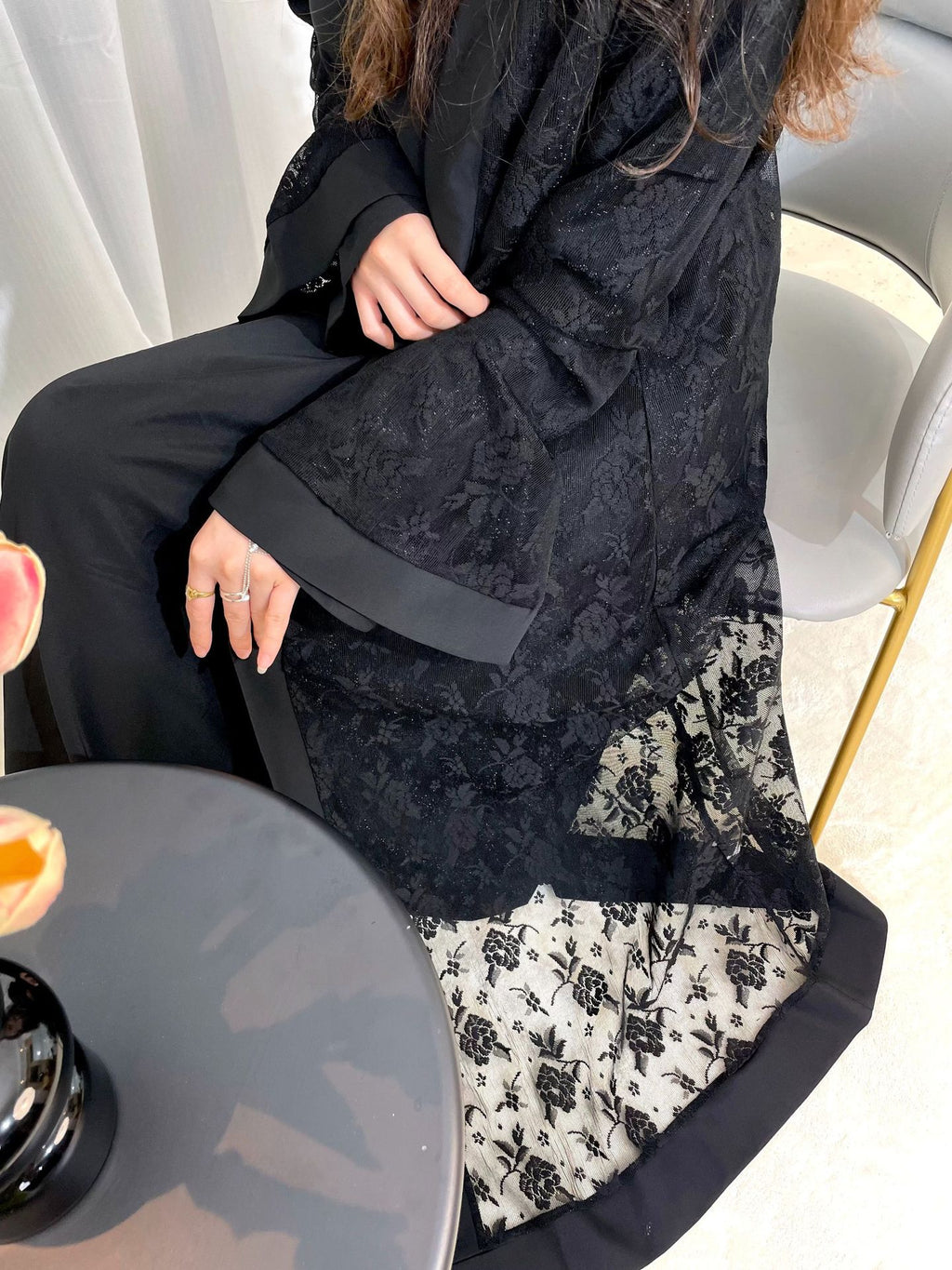 Lace-Trim Kaftan with Flared Sleeves