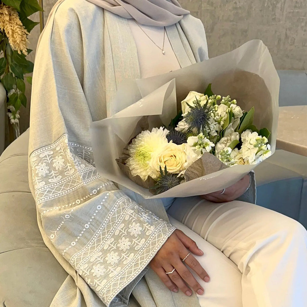 Embroidered Cotton-Linen Open Abaya
