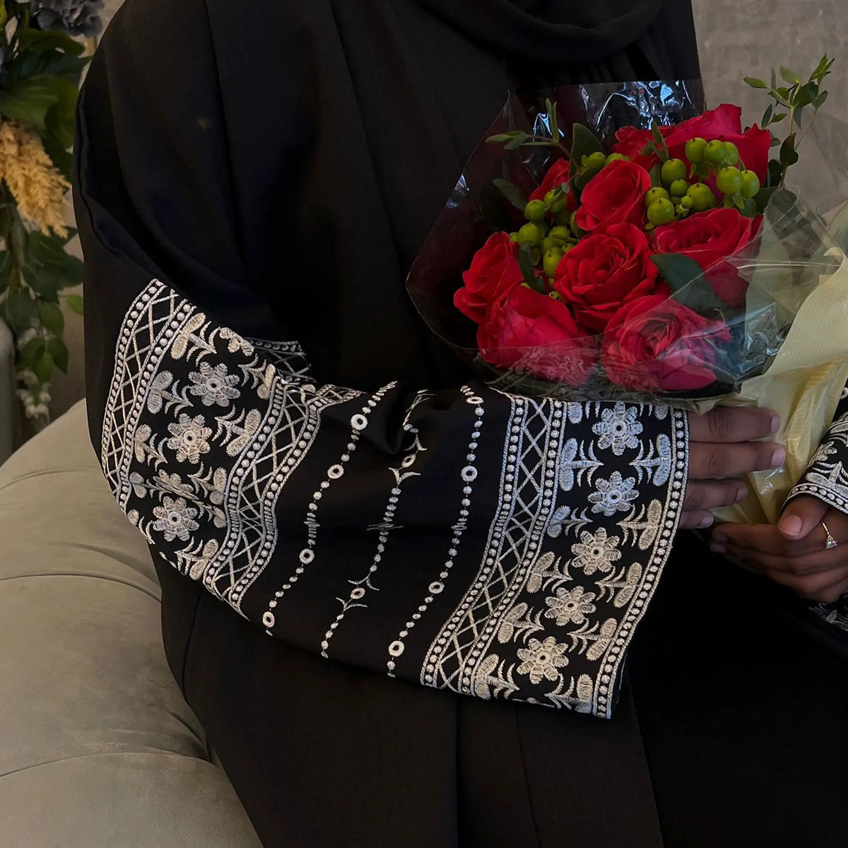 Embroidered Cotton-Linen Open Abaya