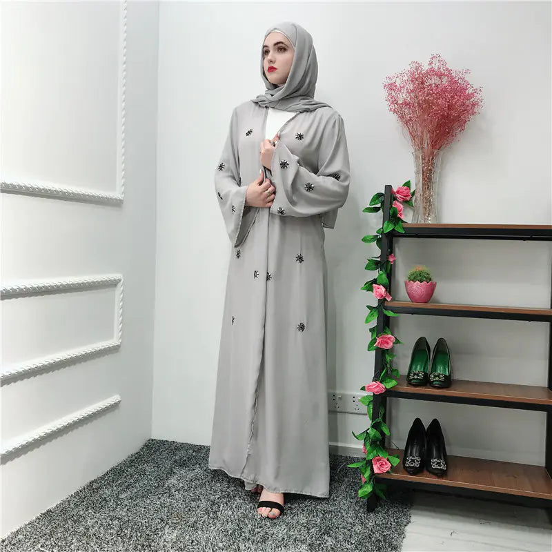 Grey Embroidered Abaya with Matching Scarf