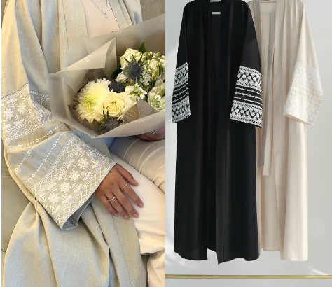 Embroidered Cotton-Linen Open Abaya