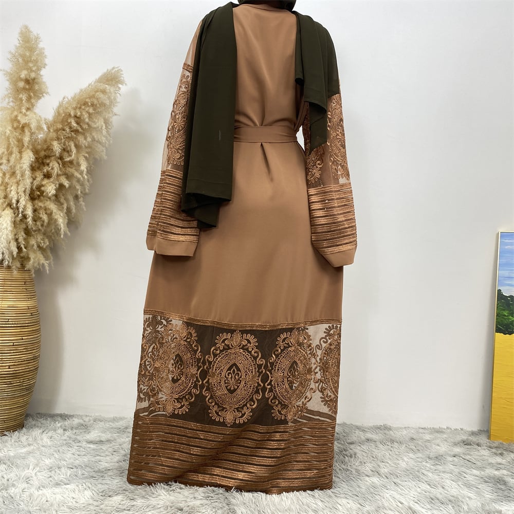 Embroidered Mesh Open Abaya