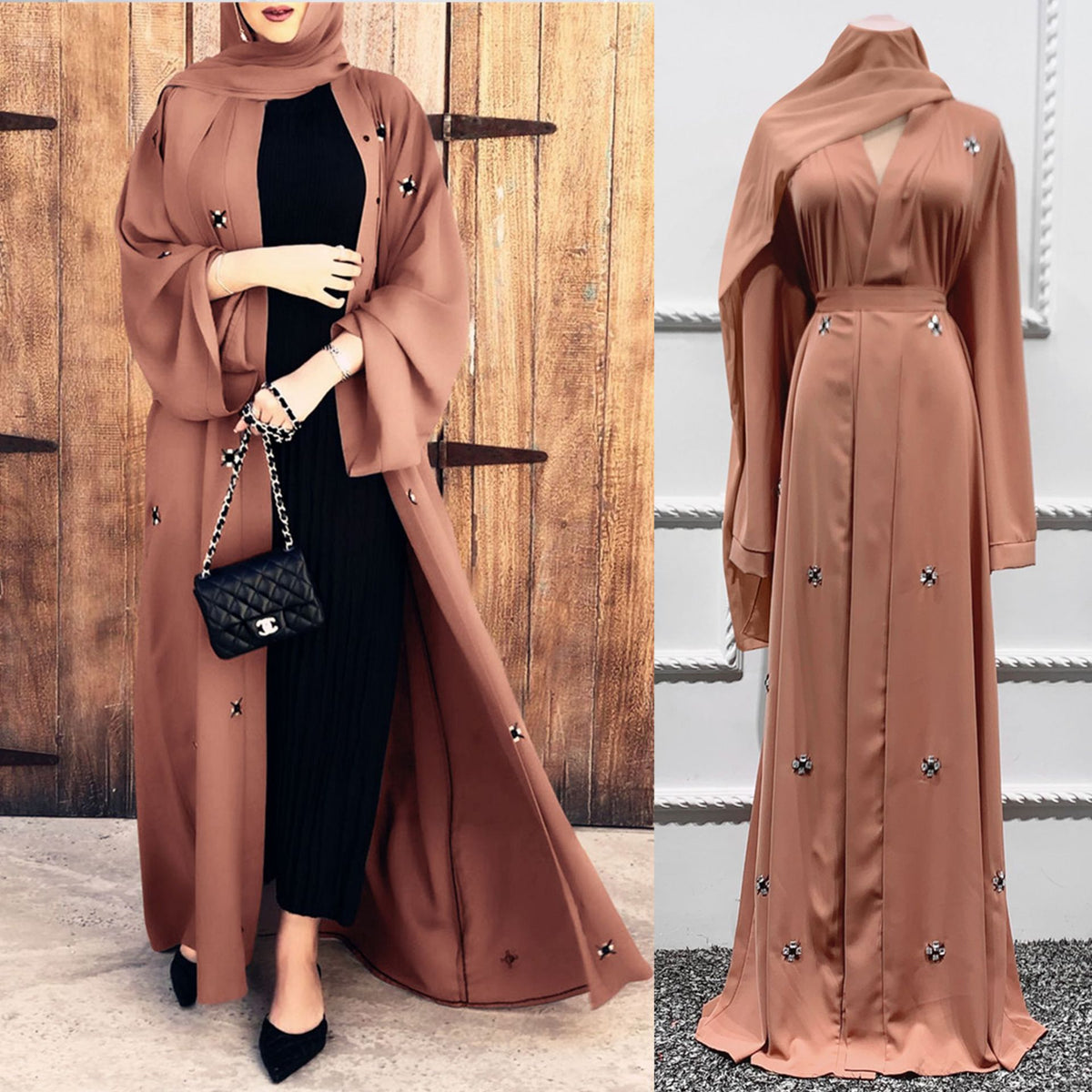 Beaded Star-Pattern Open Abaya