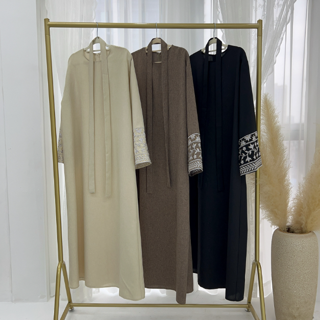 Floral Embroidered Cotton-Linen Abaya