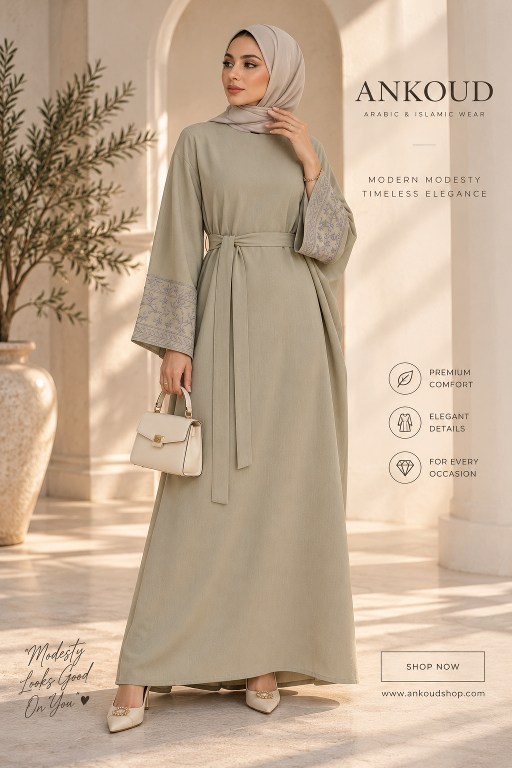 Floral Embroidered Cotton-Linen Abaya