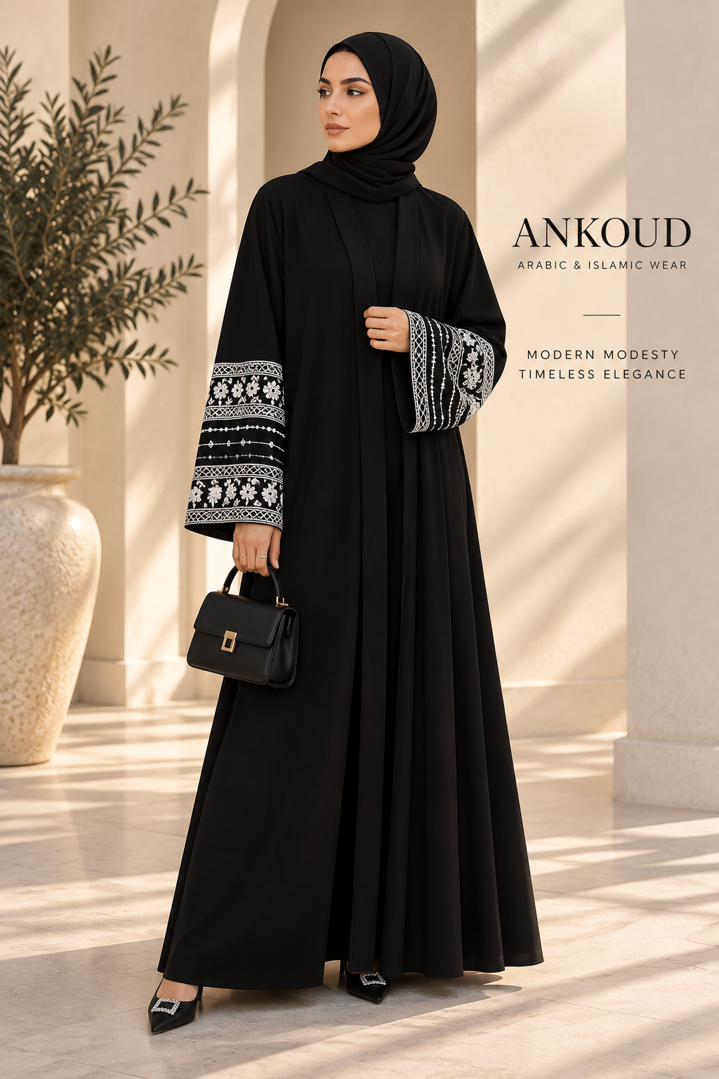 Embroidered Cotton-Linen Open Abaya