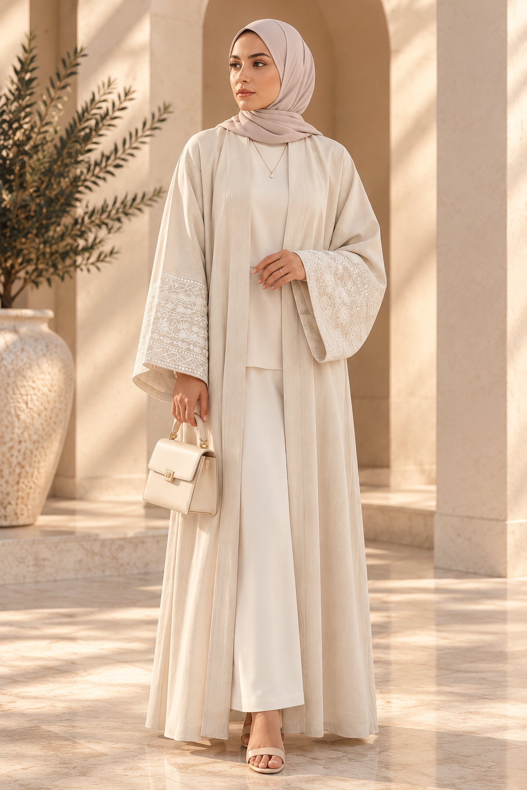 Embroidered Cotton-Linen Open Abaya