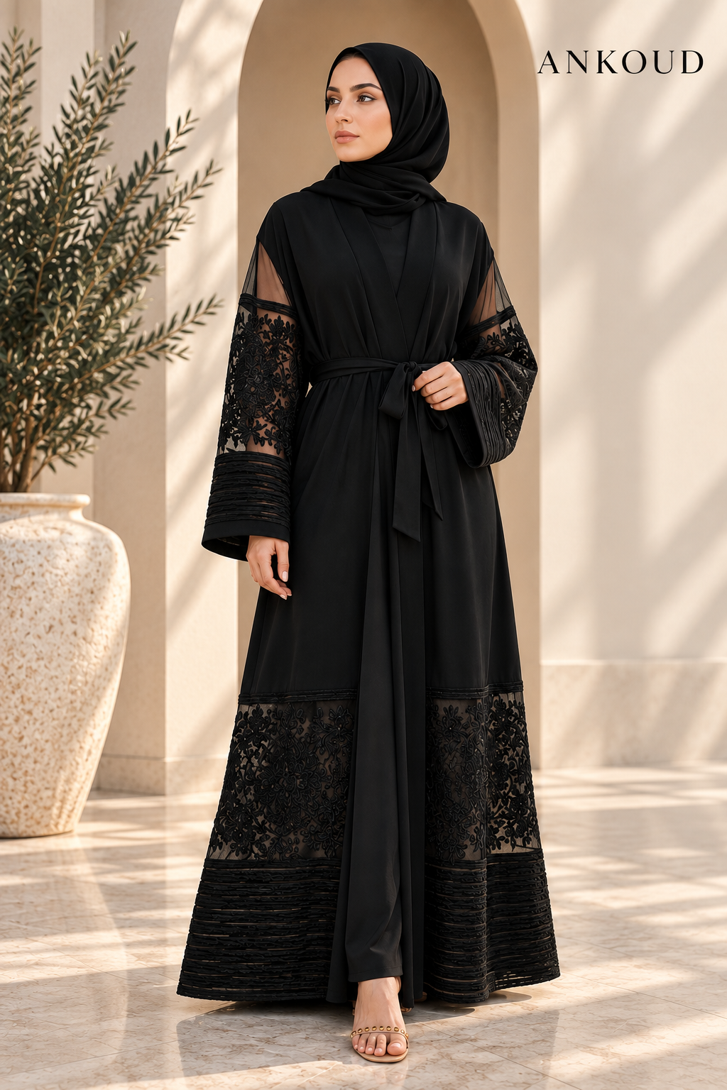 Embroidered Mesh Open Abaya