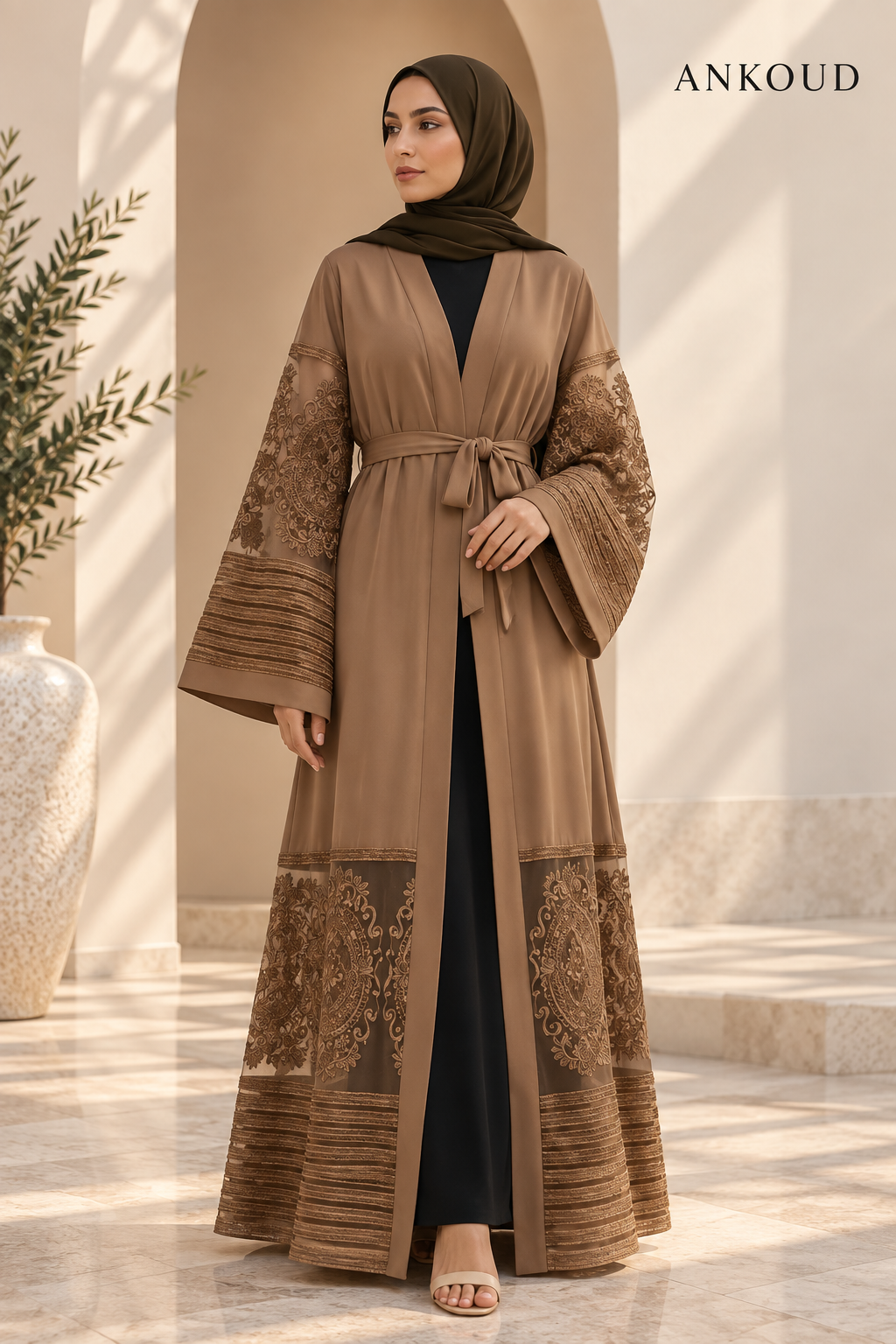 Embroidered Mesh Open Abaya