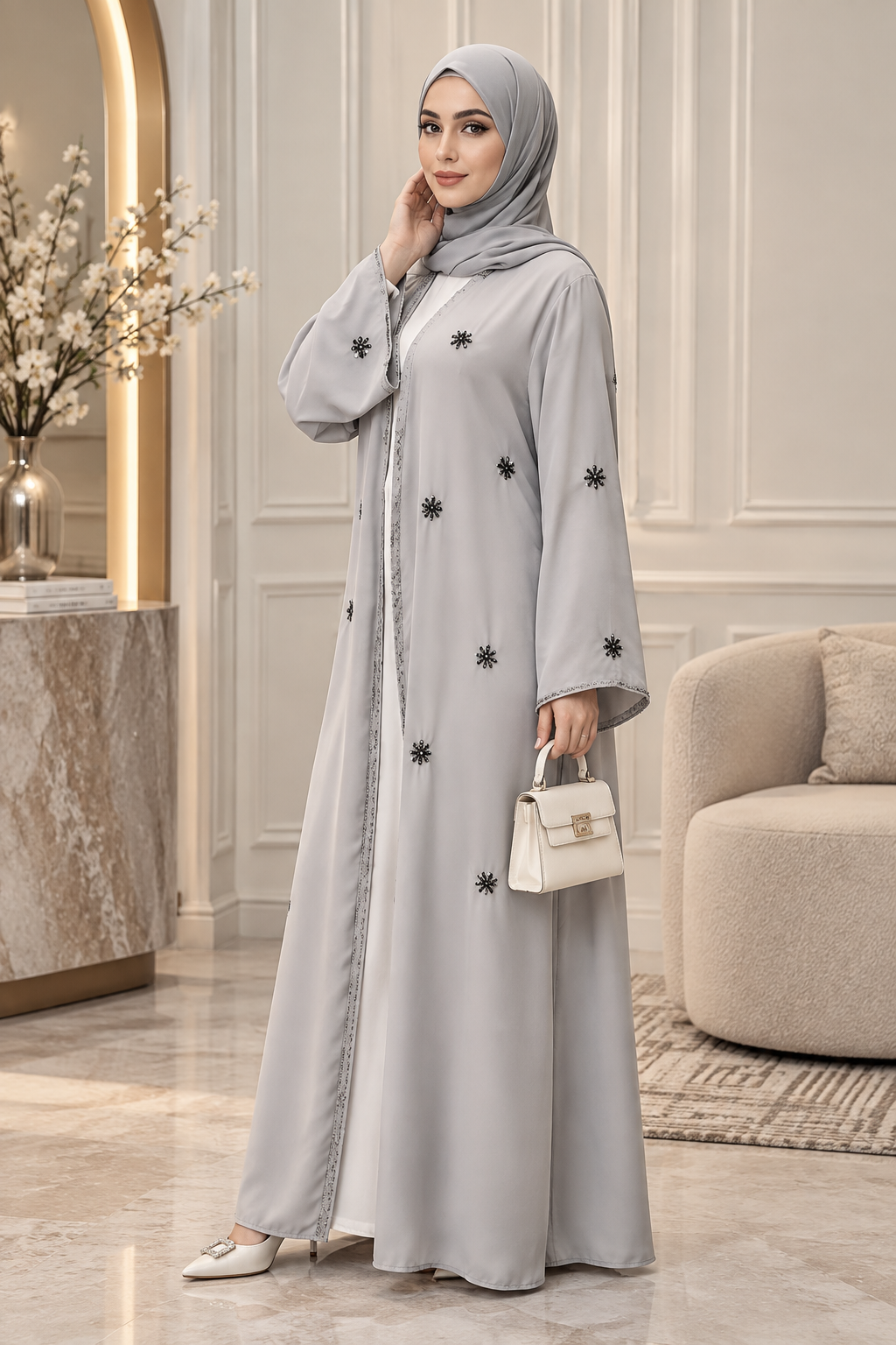 Grey Embroidered Abaya with Matching Scarf