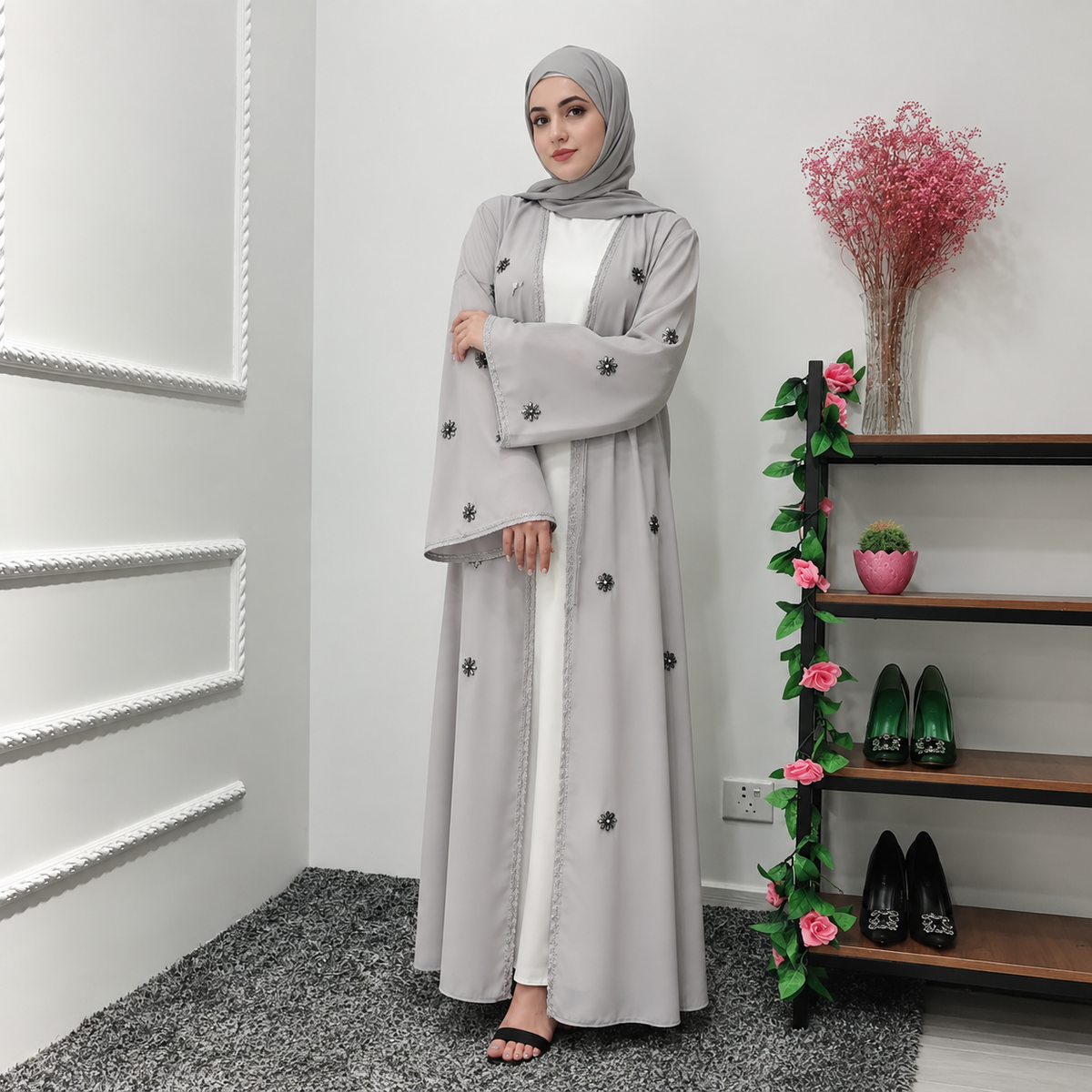 Grey Embroidered Abaya with Matching Scarf