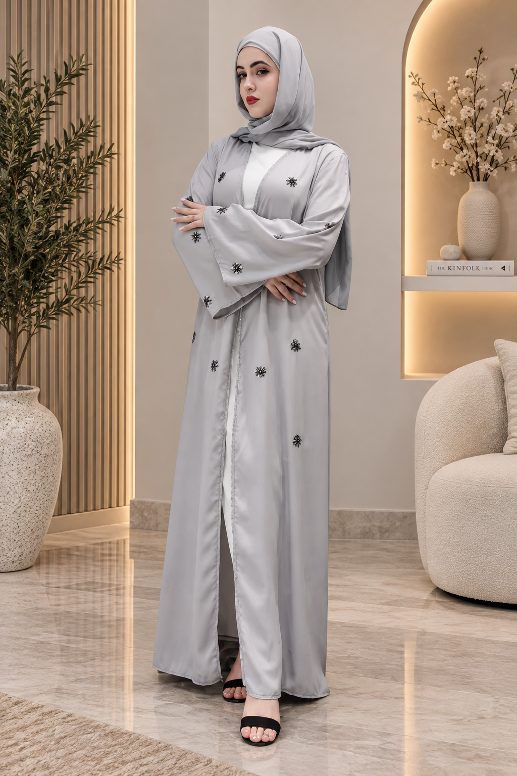 Grey Embroidered Abaya with Matching Scarf