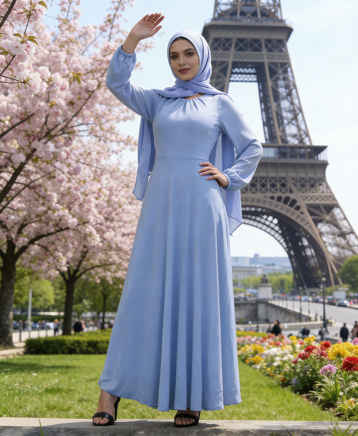 Sky Blue Chiffon Kaftan with Tie Waist