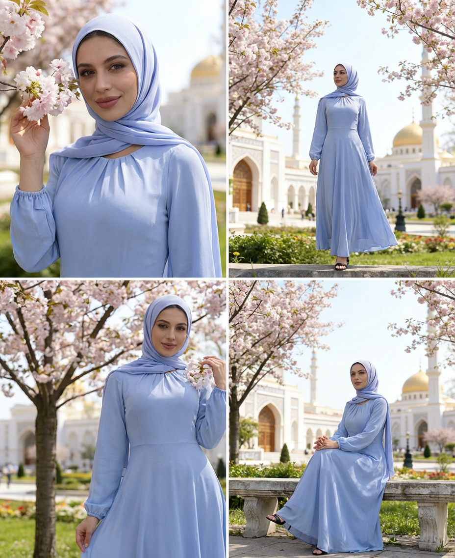 Sky Blue Chiffon Kaftan with Tie Waist