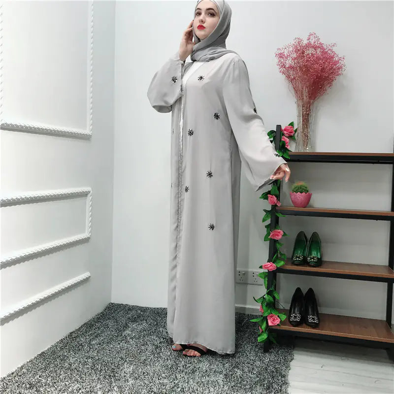 Grey Embroidered Abaya with Matching Scarf