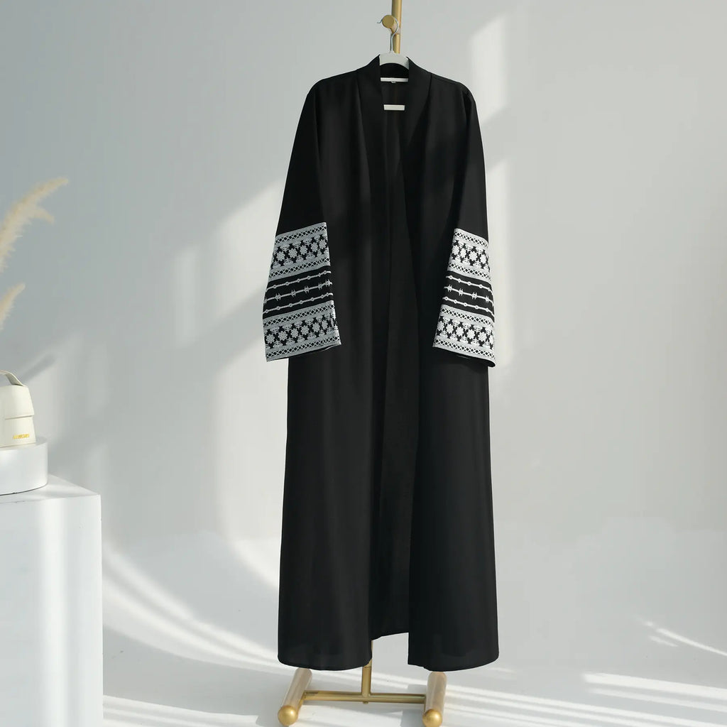 Embroidered Cotton-Linen Open Abaya