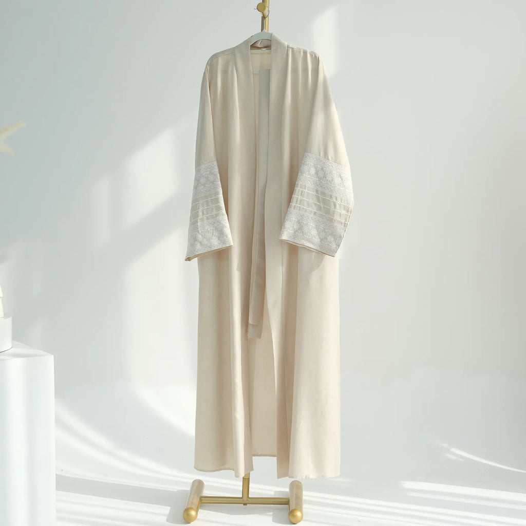 Embroidered Cotton-Linen Open Abaya