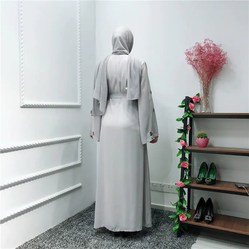 Grey Embroidered Abaya with Matching Scarf
