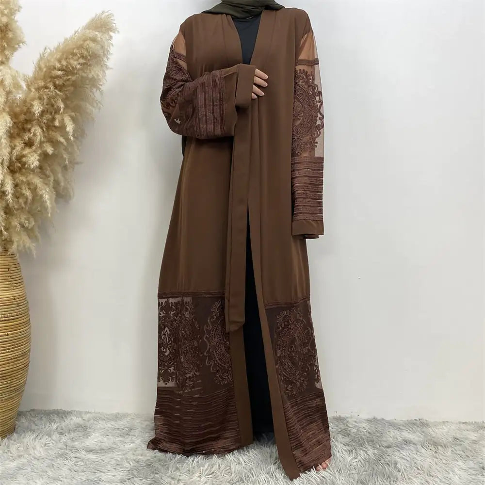 Embroidered Mesh Open Abaya