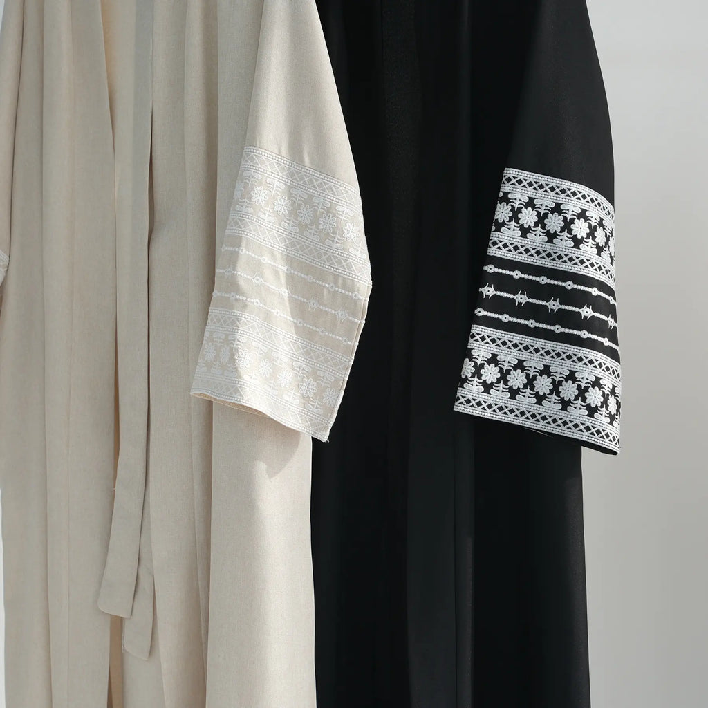 Embroidered Cotton-Linen Open Abaya