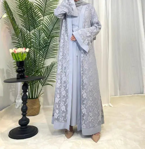 Lace-Trim Kaftan with Flared Sleeves