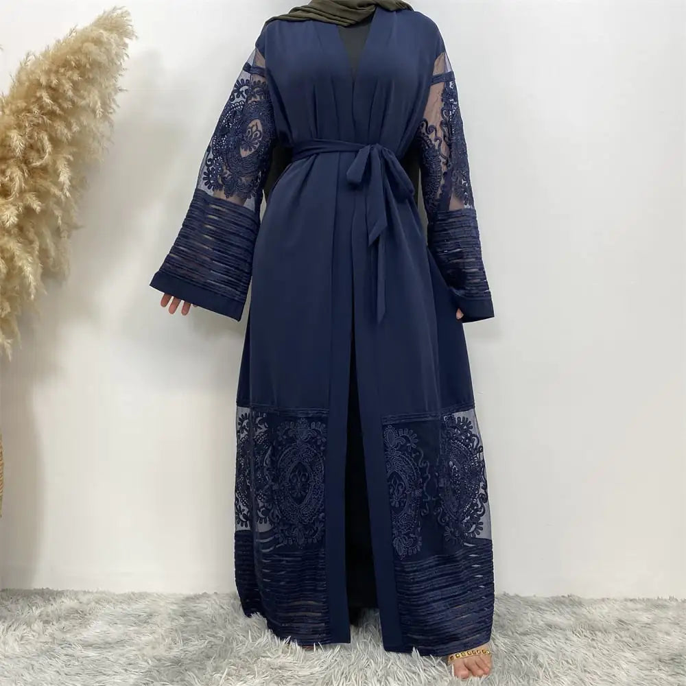 Embroidered Mesh Open Abaya