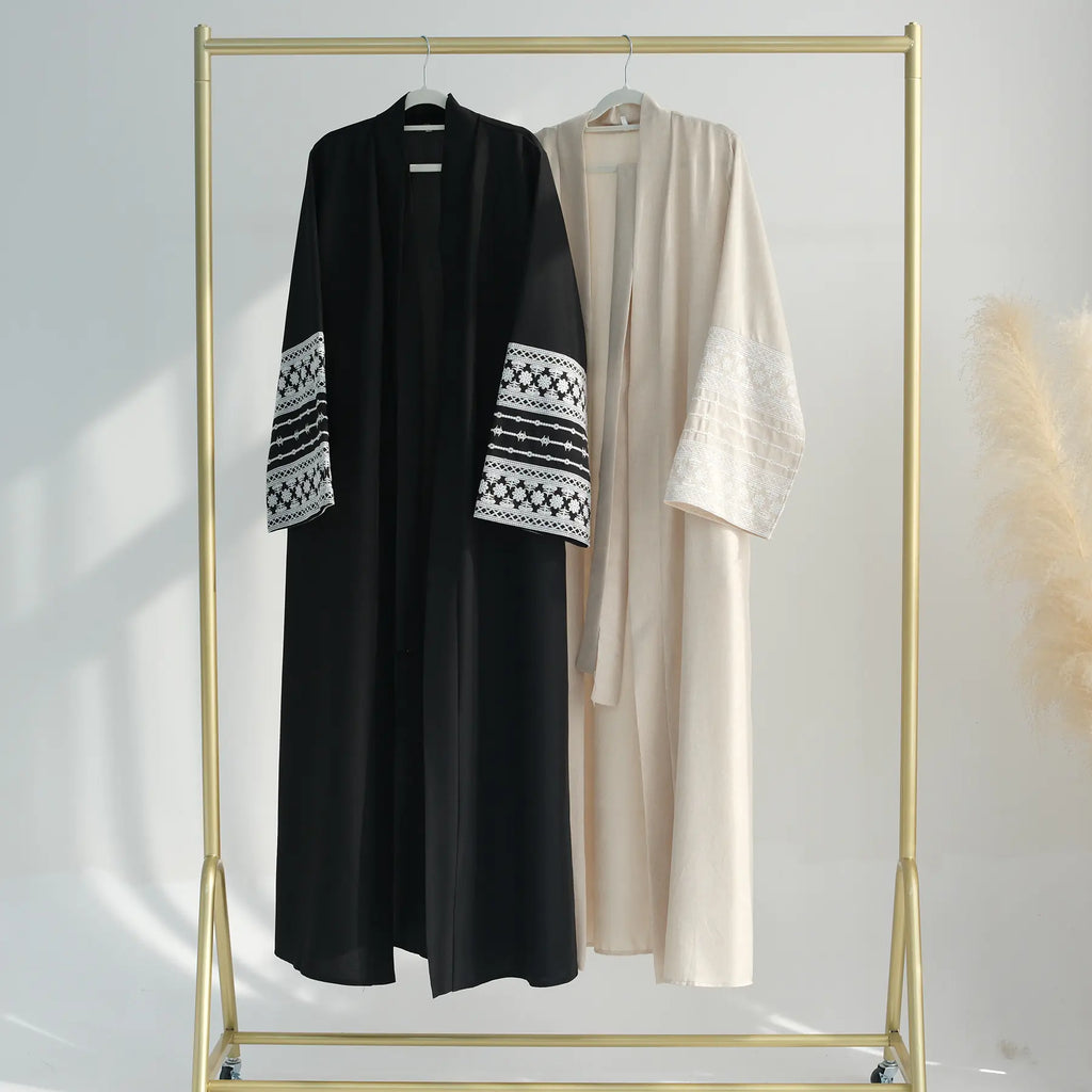 Embroidered Cotton-Linen Open Abaya