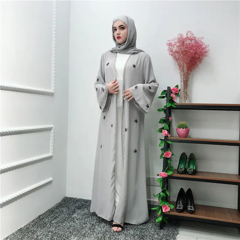 Grey Embroidered Abaya with Matching Scarf