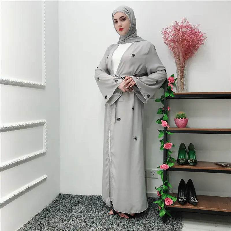 Grey Embroidered Abaya with Matching Scarf
