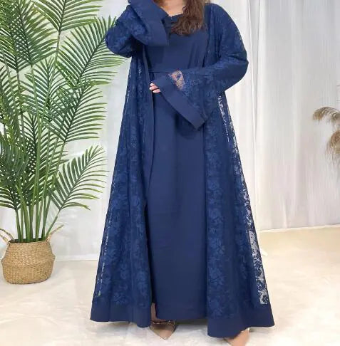 Lace-Trim Kaftan with Flared Sleeves