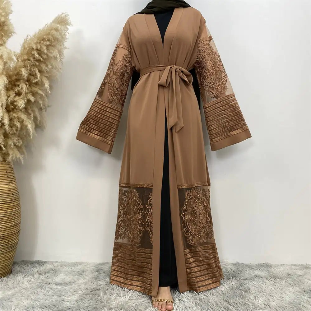 Embroidered Mesh Open Abaya