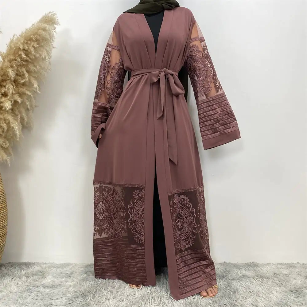 Embroidered Mesh Open Abaya