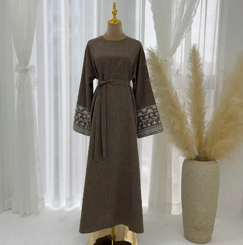 Floral Embroidered Cotton-Linen Abaya